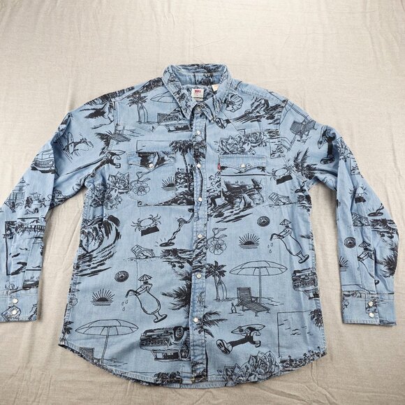 Levis The Western Standard Fit Mens Large Denim Pearl Snap All Over Print Cowboy - Picture 1 of 9
